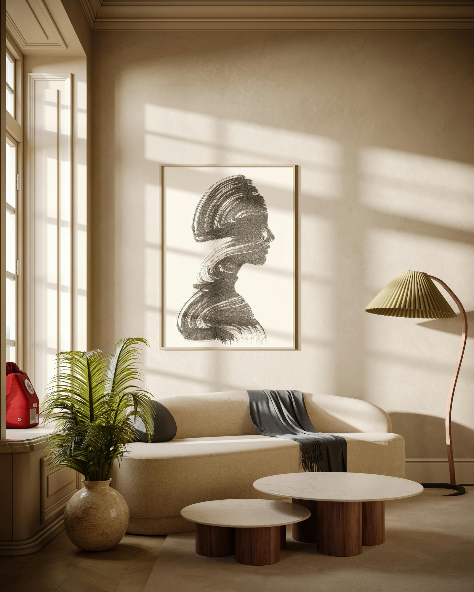 Stylish modern living room interior with a sofa, artwork, and natural lighting.